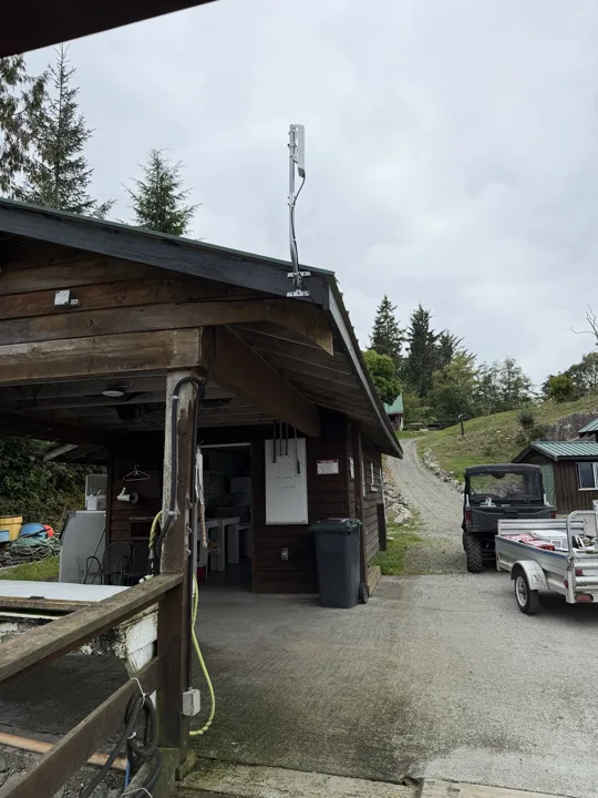 Starlink dish on a tall pole beside a cabin and driveway